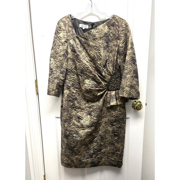 Rickie Freeman for Teri Jon Dress Gold Black Jacquard Ruched Beaded Women’s 12 - Picture 1 of 10